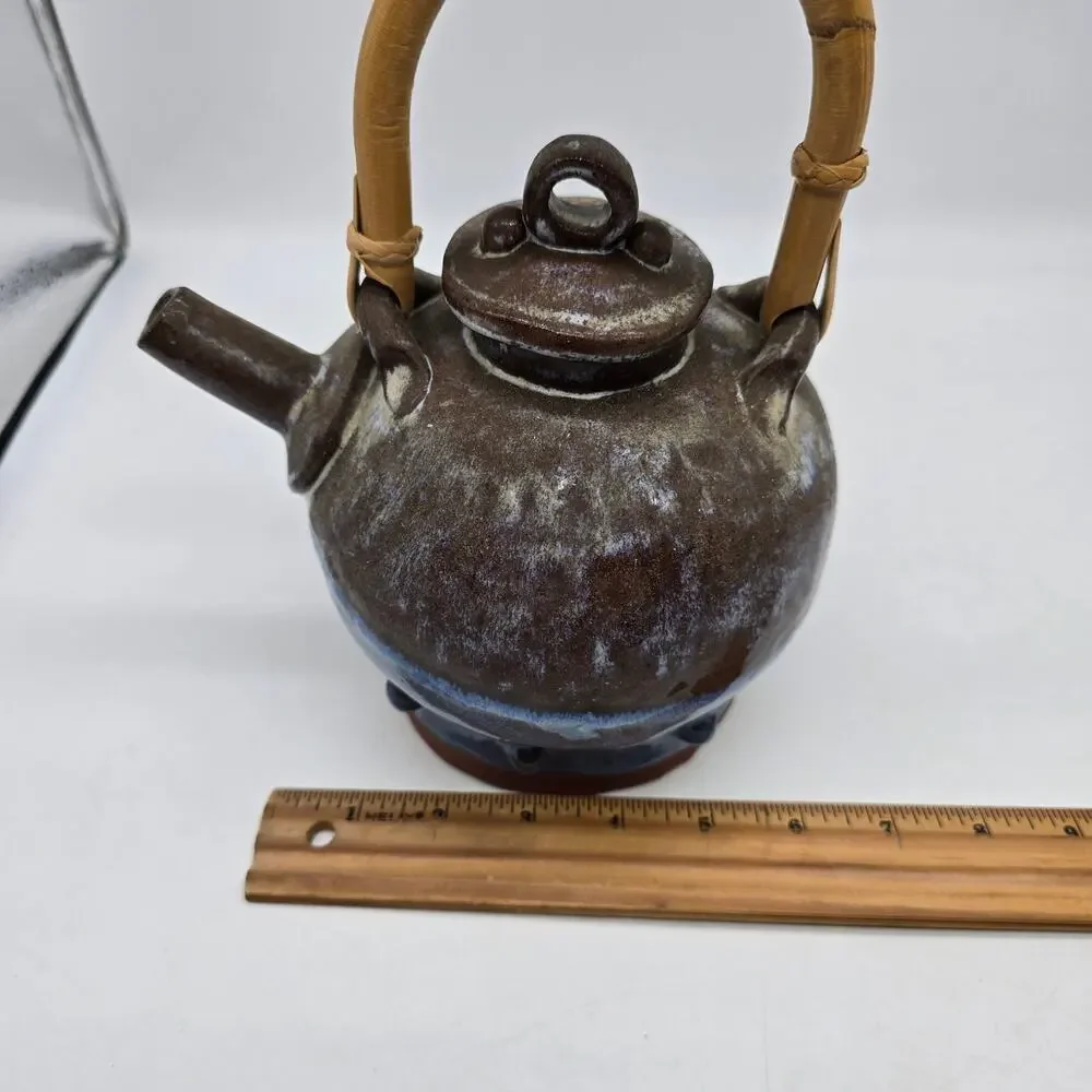 Vintage Hand Thrown Bamboo Handle Teapot Retro Blue and Brown Artist Signed